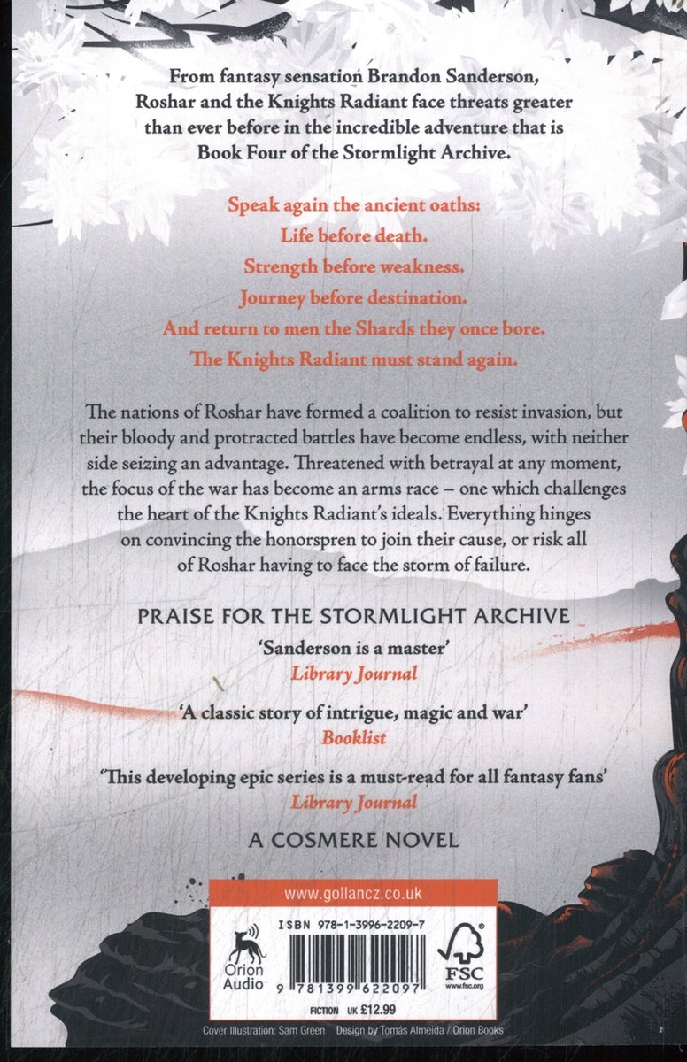 Dos du livre 'Rhythm of War' avec du texte et le nom de l'auteur Brandon Sanderson.