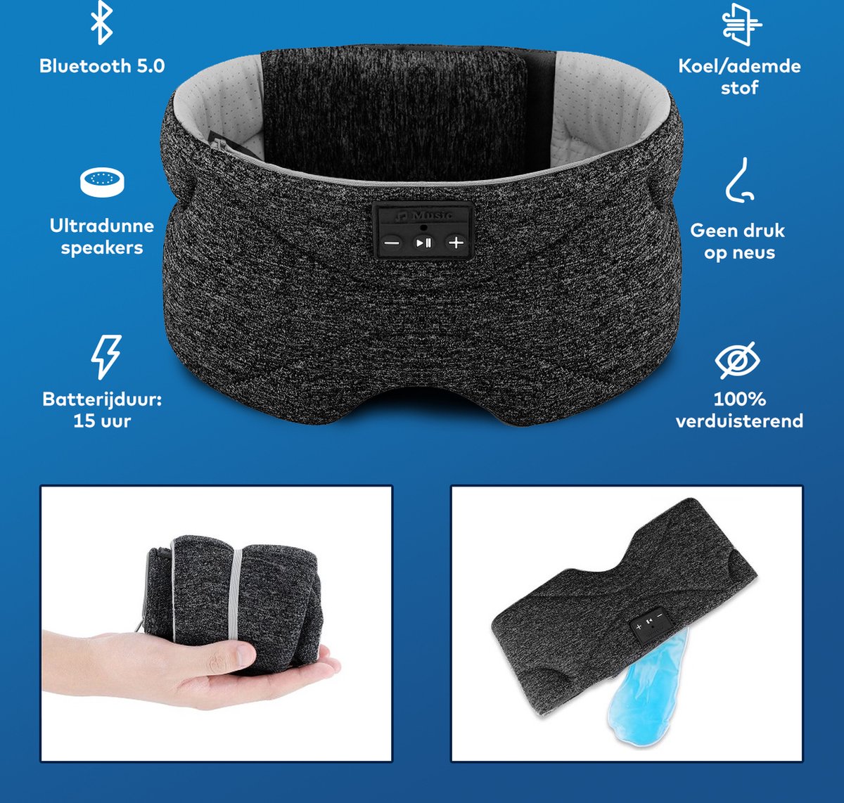 Premium Bluetooth Slaapmasker - 'White Noise' edition (limited) - 20 'ingebouwde' white noise geluiden (gebruik ook zonder Bluetooth/smartphone - 100% verduisterend - Ultraplatte 'spons speakers' (perfect voor zijslapers) - Koel en ademend materiaal — afbeelding 4