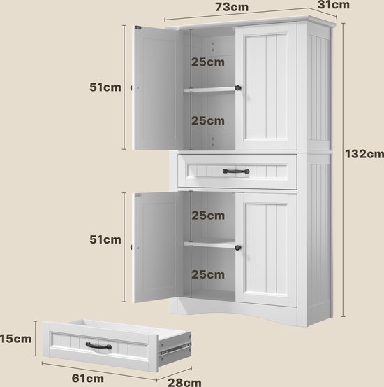 Afmetingen van witte badkamerkast met 4 deuren, 1 lade, 1 uittrekbare lade en 25cm diepe planken.