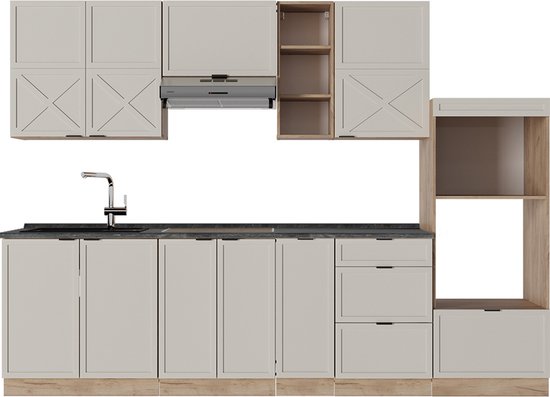 Cuisine complète Vicco Fame- Line – 280 cm, coloris WB Grijs anthracite/beige/chêne doré