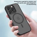 Main tenant une coque iPhone 15 Pro gris foncé, mate et transparente avec cercle MagSafe. 'Matériau et texture agréables pour une bonne prise en main, une utilisation facile et une protection.'