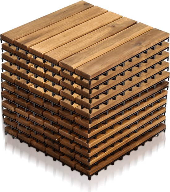 Terrastegel 11 stuks - 1 m² Tuintegels - Acaciahout - 6 strepen per stuk - 30x30x2,4 cm - Balkon, Terras Vlondertegel - Terrasplanken - Kliktegels - Snelle Montage