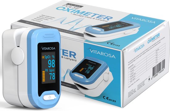 VitaRosa - Saturatiemeter - Zuurstofmeter vinger - Bloeddrukmeter - Pulse Oximeter - Hartslagmeter - Inclusief Batterijen - Koord + Batt + Tasje