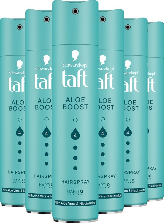 Groep van zes Taft Aloe Boost haarspray bussen in turquoise.
