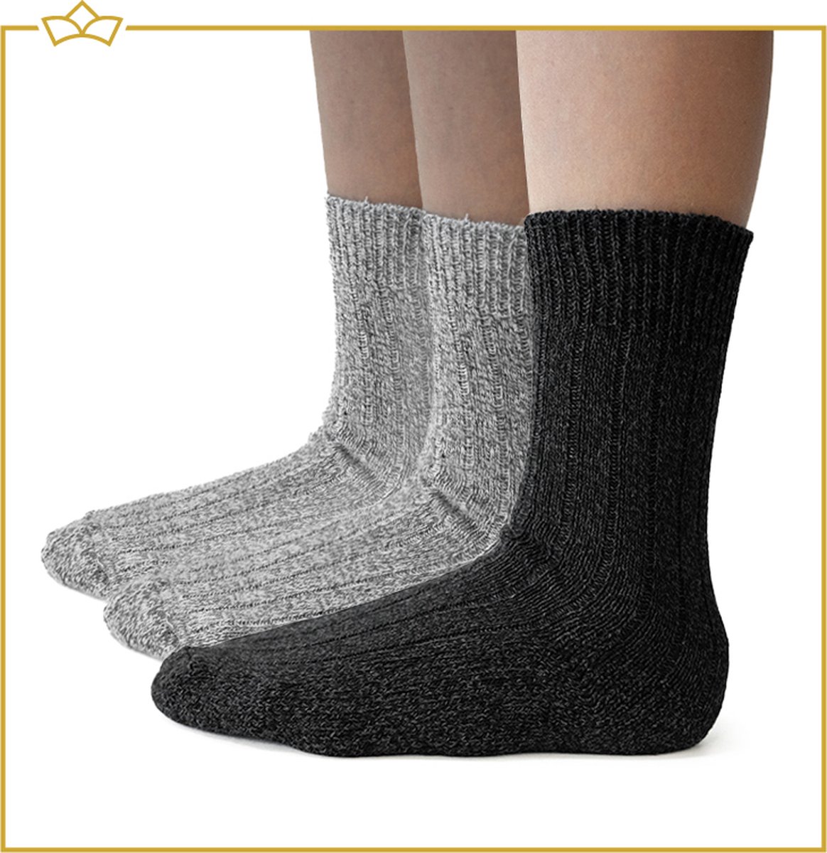 ATTREZZO® Sokken - Noorse Sokken - 3 paar - Wol - Nordic Socks - Grijs gemeleerd - maat 35-38