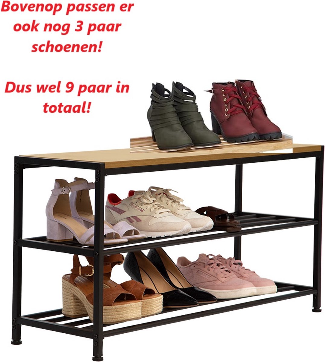 Practo Home - Schoenenrek 6 tot 9 paar - zwart met houten blad - eenvoudige montage