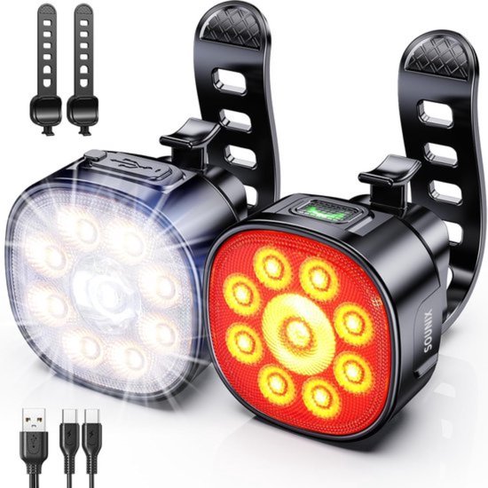 Sounix Fietsverlichting USB oplaadbaar - 8+7 Lichtstanden - IP65 Waterdicht - Voorlicht & Achterlicht - Led Fietslamp - Valbestendig - Koplamp fiets - Fietslampjes - Fietslichten - Zwart