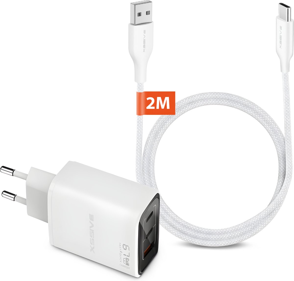 USB Lader 3 Poorten met USB-A naar USB-C Kabel - 2 Meter - Snellader - Fast en Quick Charge