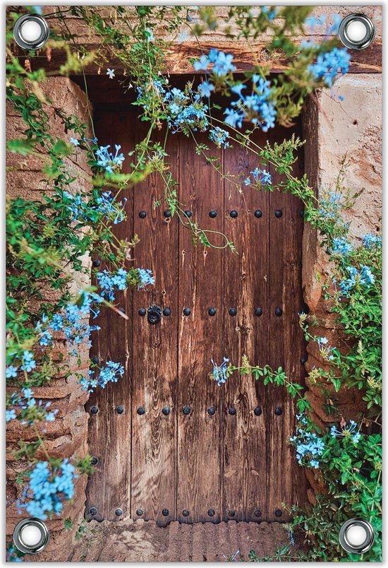 Tuinposter –Houten Deur met Blauwe Bloemen– 80x120cm Foto op Tuinposter (wanddecoratie voor buiten en binnen)