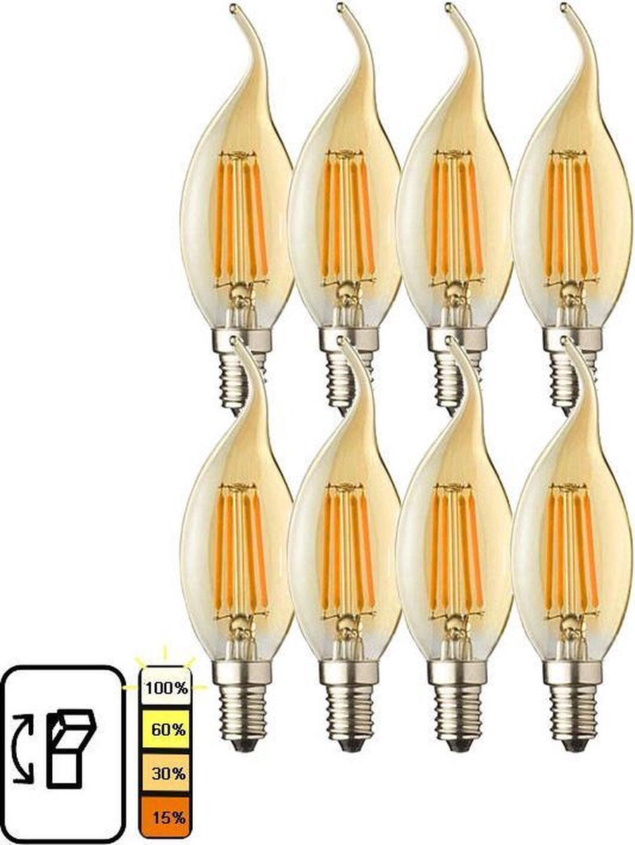 8 stuks Lybardo E14 LED kaars lamp vlam 4stap Dimbaar