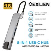 Exilien USB-C Hub - 8 in 1 - USB 3.0, 3,5mm AUX, HDMI, LAN, USB-C, SD en Micro-SD - Grijs