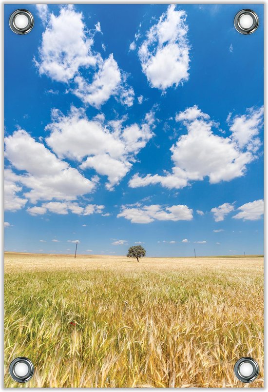 Tuinposter –Blauwe Lucht met Wolken en Boom– 100x150cm Foto op Tuinposter (wanddecoratie voor buiten en binnen)