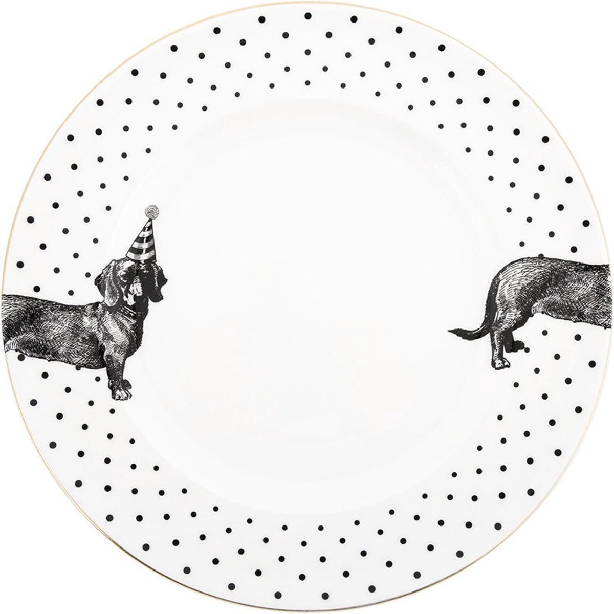Yvonne Ellen London Monochrome Set/2 Diner borden Ø 26,5 cm -Teckel Print - Bone China Porselein - zwart/wit servies dieren - illustratie hond
