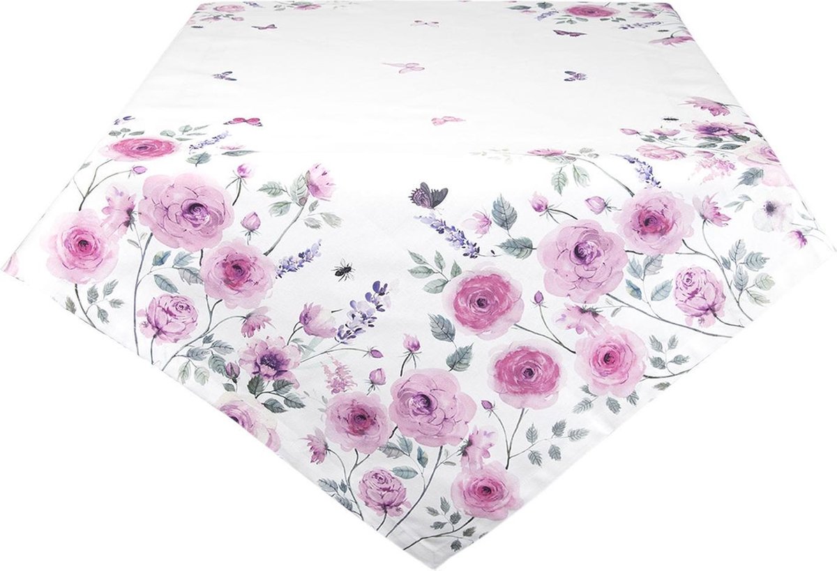 Clayre & Eef Tafelkleed 150x250 cm Wit Paars Katoen Rozen Tafellaken