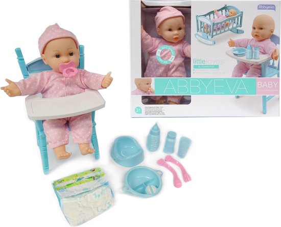 Dat Bekwaam Optimaal Baby Eva pop speelgoed - interactief baby pop met lunchtafel - incl. 8  accessoires (30CM | bol.com