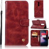 Voor OnePlus 6 Retro koperen gesp Crazy Horse Horizontale flip PU lederen tas met houder & kaartsleuven & portemonnee en lanyard (wijnrood)