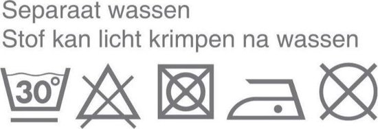 Wasvoorschriften: apart wassen, 30 graden, niet bleken, niet in de droger, strijken op lage temperatuur. Stof kan krimpen.