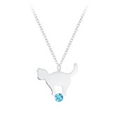 Joy|S - Zilveren kat poes hanger met ketting 36 cm + 5 cm blauw kristal