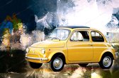 JJ-Art (Glas) | Klassieke auto Fiat 500 in geel met abstracte achtergrond | oldtimer, Italië, jaren 50 – 60 | Foto-schilderij-glasschilderij-acrylglas-acrylaat-wanddecoratie | KIES JE MAAT