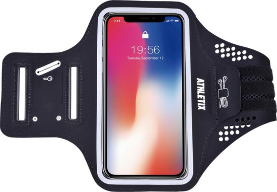 Zwarte Premium Sportarmband - Universele Hardloop Armband - iPhone, Samsung & Huawei - Smartphonehouder - Reflecterend, Spatwaterdicht, Sleutelhouder, Verstelbaar - Lycra - Luxe Sportarmband - ATHLETIX