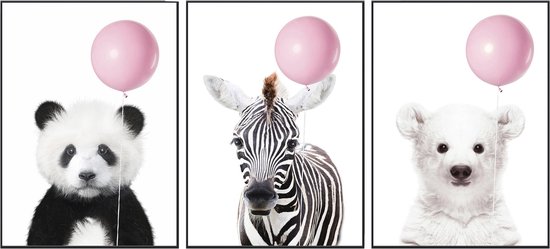 Babykamer/kinderkamer dieren posters – 3 stuks - 20x30 cm – IJsbeer, Zebra & panda
