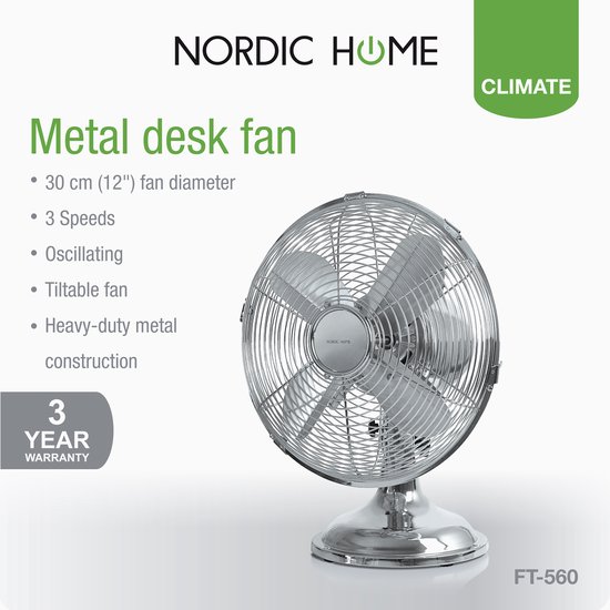 NORDIC HOME FT-560 Metalen tafelventilator met 3 snelheden - 30 mm - Zilver - Nordic Home Culture