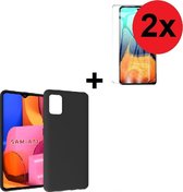 Samsung Galaxy A71 hoes TPU Siliconen Case hoesje Zwart + 2x Screenprotector Tempered Gehard Glas - 2 stuks - Pearlycase