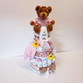 Luiertaart 3 laags met beer/speenkoord Roze - Met gratis kaartje