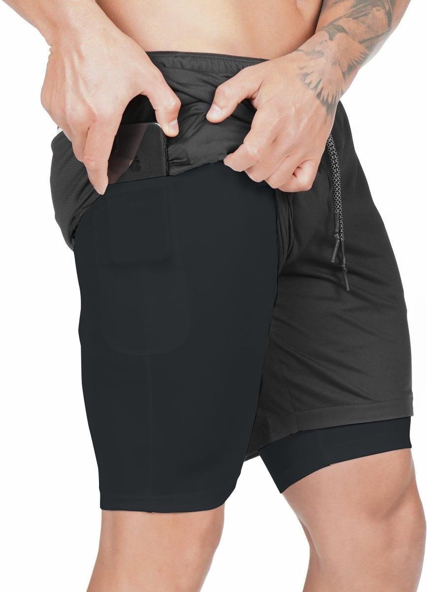 Bodio Sportbroek heren - Fitness broek met mobiel zak - 3 in 1 Shorts - Zwart - Maat XL