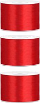 3x Hobby/decoratie rood satijnen sierlinten 5 cm/50 mm x 25 meter - Cadeaulint satijnlint/ribbon - Rode linten - Hobbymateriaal benodigdheden - Verpakkingsmaterialen