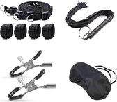 Medilon Bondageset - Inclusief Oogmasker - Tepelklemmen - Zweepje - BDSM - Erotische Bedbondage - Bedboeien - Zwart - Nylon