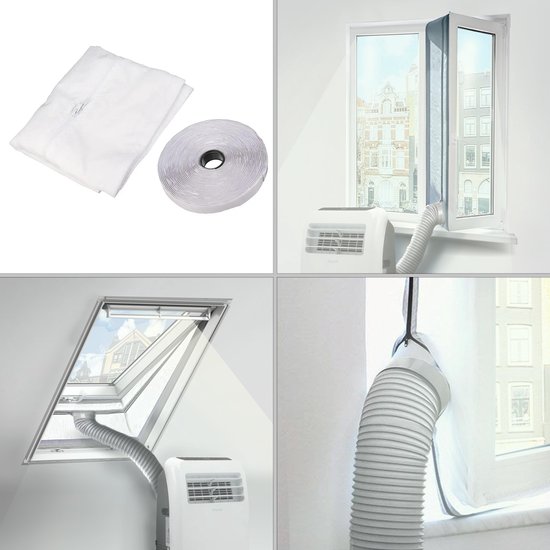 Collage van 4 afbeeldingen die de installatie van een airco raamafdichting tonen.