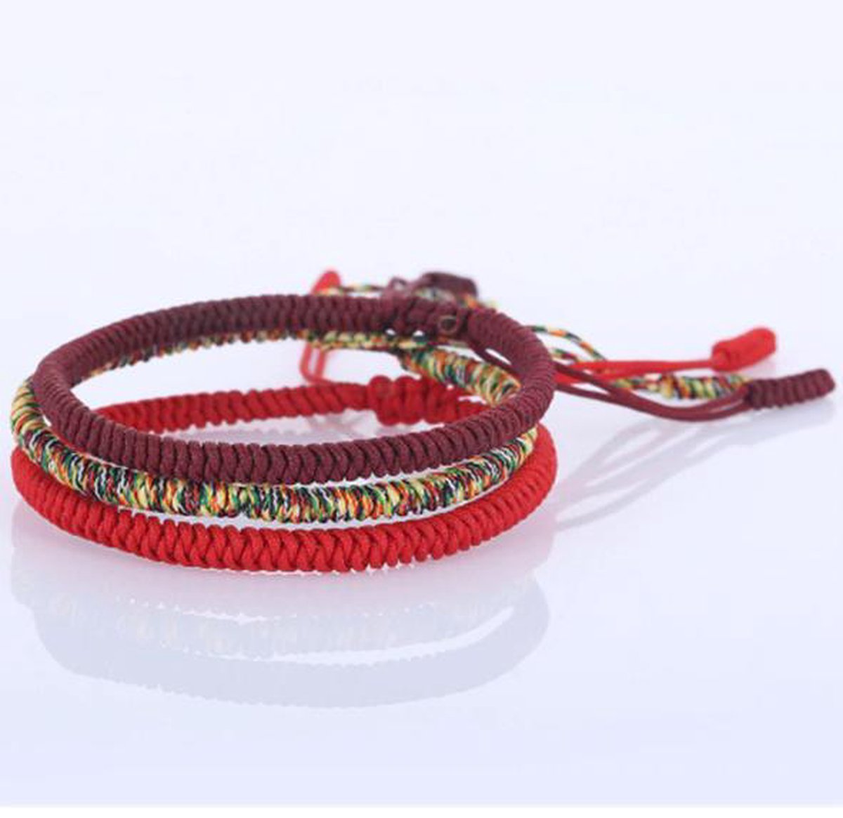 Premium handgeknoopte Tibetaanse armband - Set van 3 - Bordeaux Rood, Multi Kleur, Rood