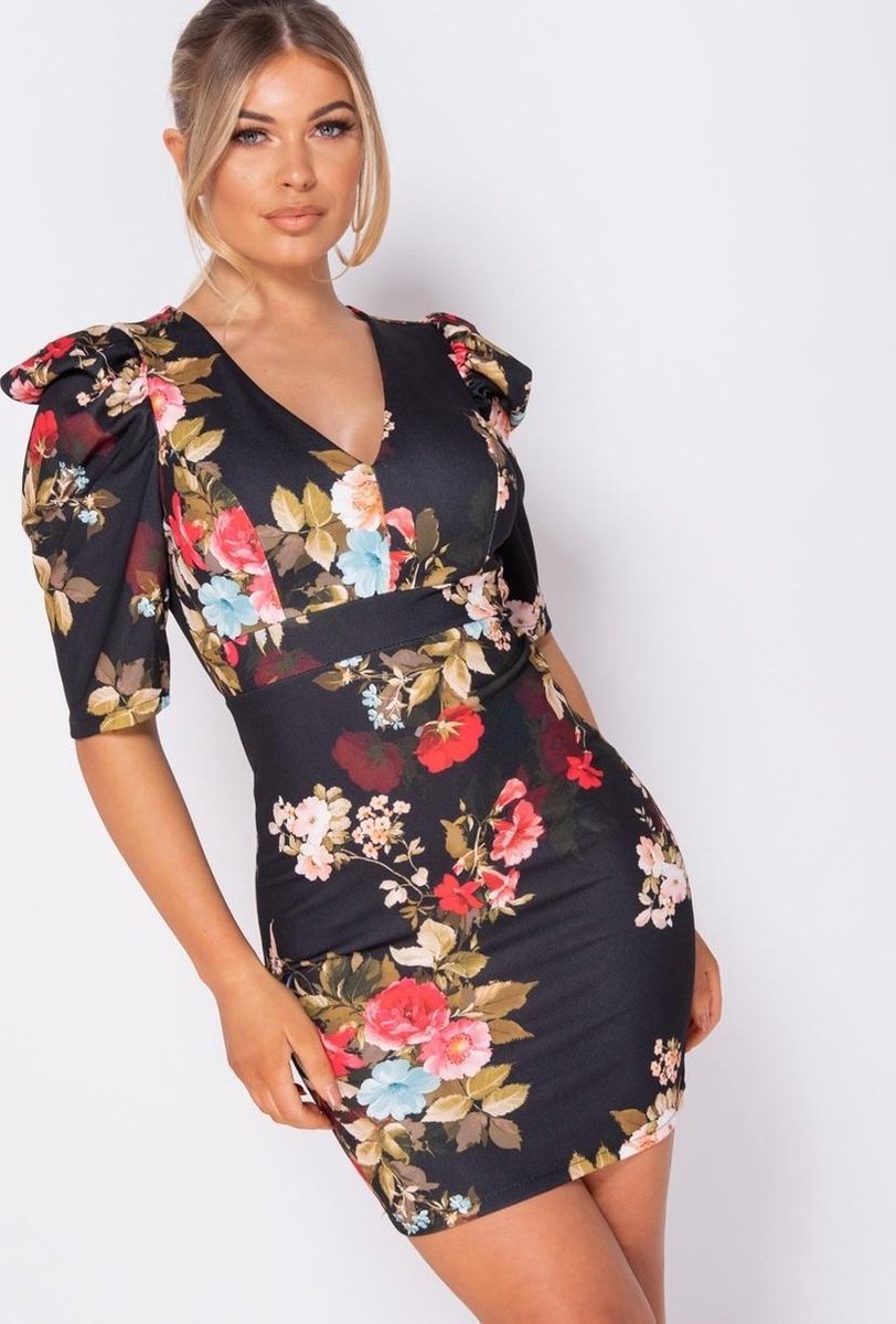 Floral Print Puffed Bodycon Mini Dress Dames Zwart Bol