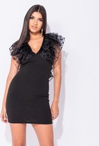 Polka Dot Sheer Ruffle Sleeve V Neck Bodycon Mini Dress - Dames - Zwart