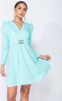 Puffed Sleeve Wrap Front Buckle Detail Mini Dress - Dames - Blauw