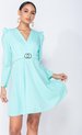 Turquoise, Puffed Sleeve Wrap Front Buckle Detail Mini Dress