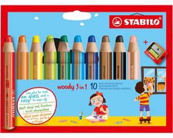 STABILO woody 3 in 1 - Multi Talent Kleurpotloden - Etui Met 10 Kleuren + Puntenslijper