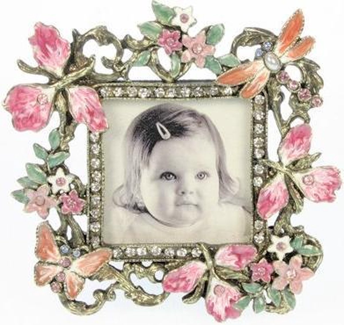 Fotolijstje vierkant met emaille vlinder voor een foto van 5x5cm
