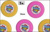 5x Frisbee 15 cm roze/geel assortie - sport en spel tuin strand werpen fun