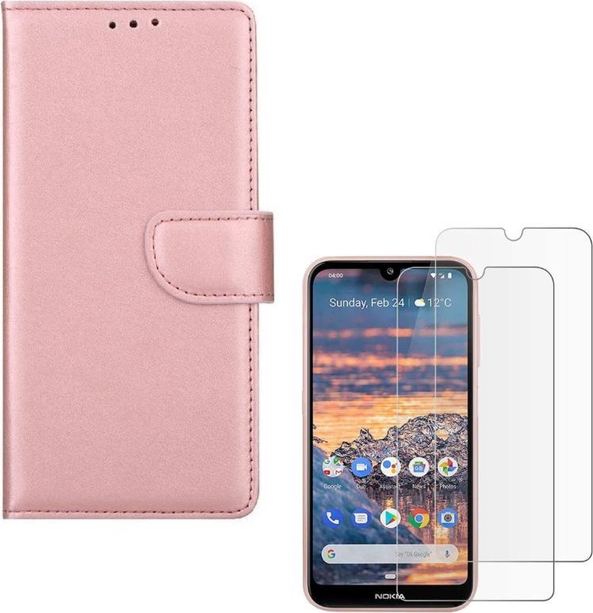 hoesje Geschikt voor: Nokia 2.3 Portemonnee Rose Goud met 2 stuks Glas Screen protector