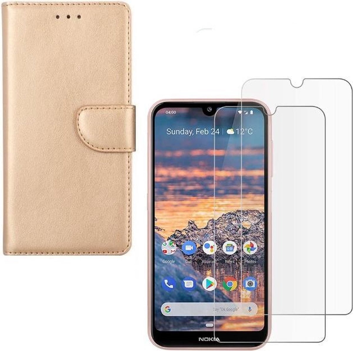 hoesje Geschikt voor: Nokia 2.3 Portemonnee Goud met 2 stuks Glas Screen protector