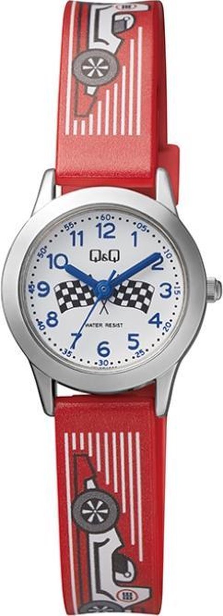 QQ QC29J334Y - Horloge - Analoog - Kinderen - Unisex - Plastic band - Rond - Cijfers - Metaal - Race Auto - Rood - Zilverkleurig - Wit