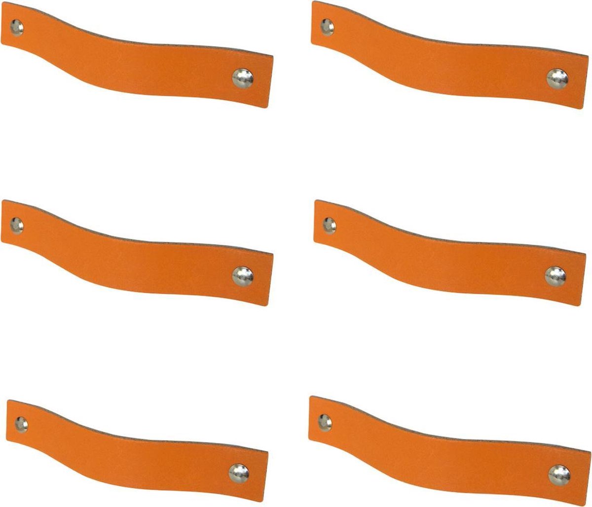 6x Leren handgrepen 'platte greep' - maat S (15,8 x 2,5 cm) - ORANJE - incl. 3 kleuren schroefjes (handgreepjes - leren grepen - greepjes - leren lusjes
