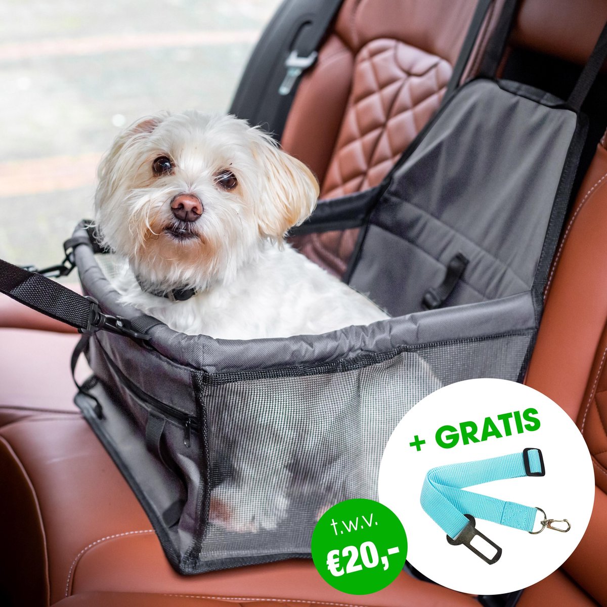 Grijze Auto Hondenmand met GRATIS Autogordel Hondenriem | Grijs | Automand | Hondenzitje | Autostoel | Auto hondenriem