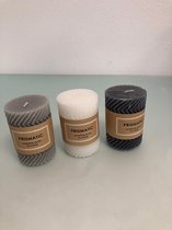 3 mooie decoratieve kaarsen. Wit, grijs en blauw