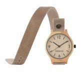 Dames horloge bamboe hout I Twist double taupe leren band I TiMEBOO ®