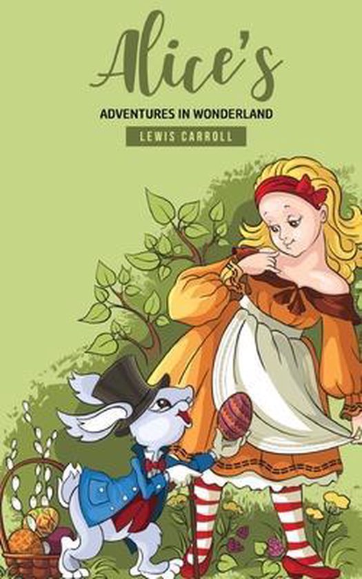 Une illustration du livre "Alice's Adventures in Wonderland". Un lapin coiffé d'un chapeau offre à Alice un œuf de Pâques.