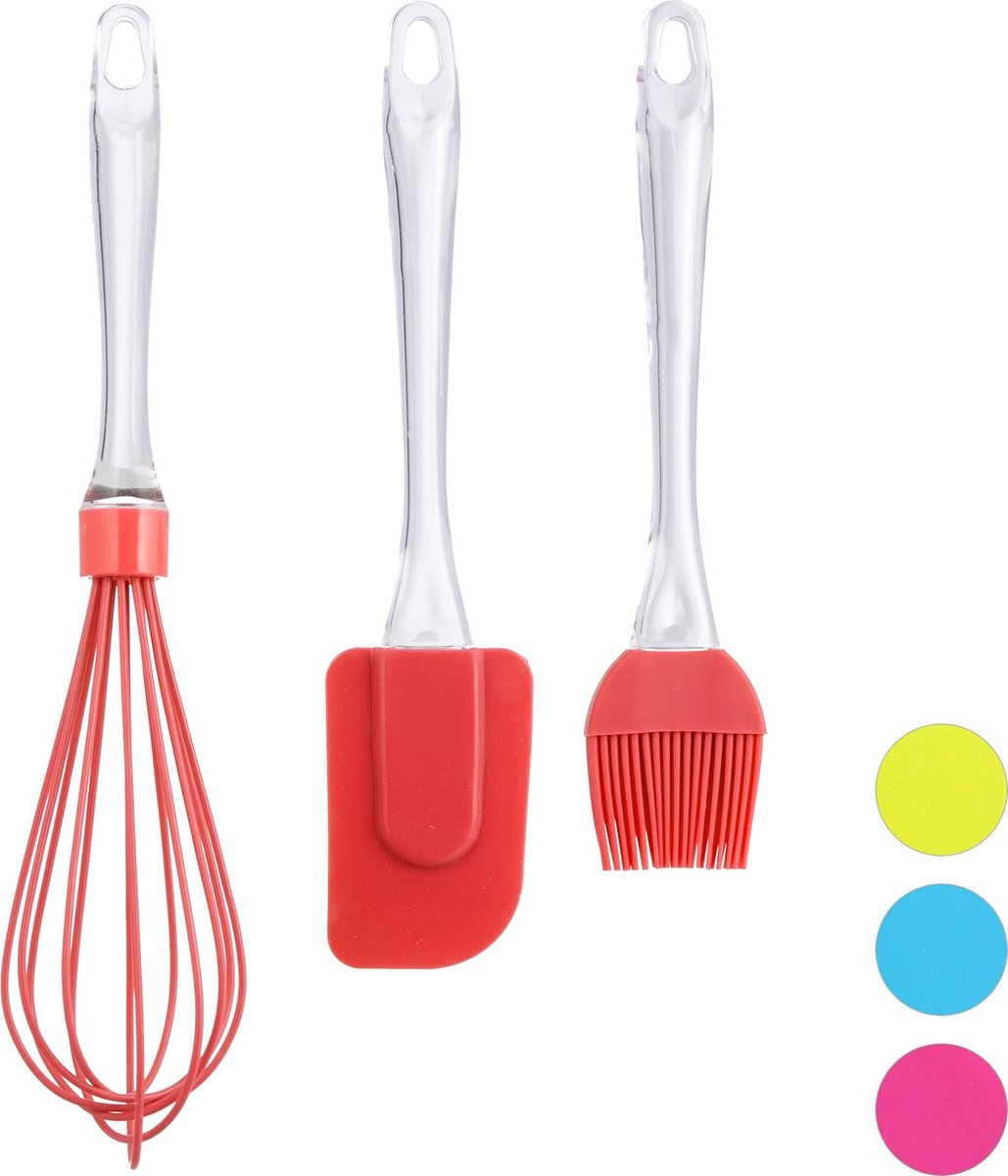 Relaxdays bakkwast set - pannenlikker - garde - bak kwast - siliconen - deegschraper - rood