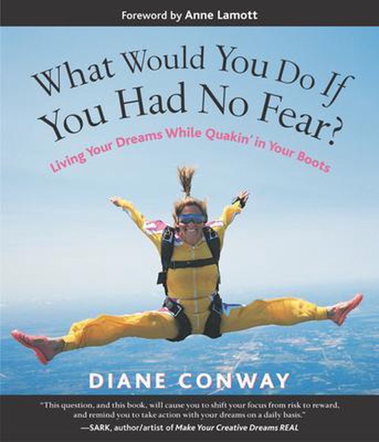 Couverture de livre 'What Would You Do If You Had No Fear?' avec une femme en combinaison de parachutisme jaune en grand écart dans les airs.